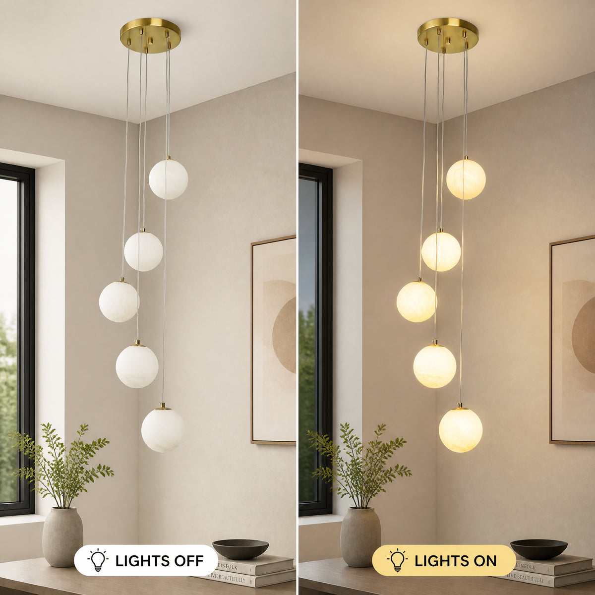 Modern 5-Light Faux Alabaster Glass Globe Cluste Pendant Light with Brass Finish Metal