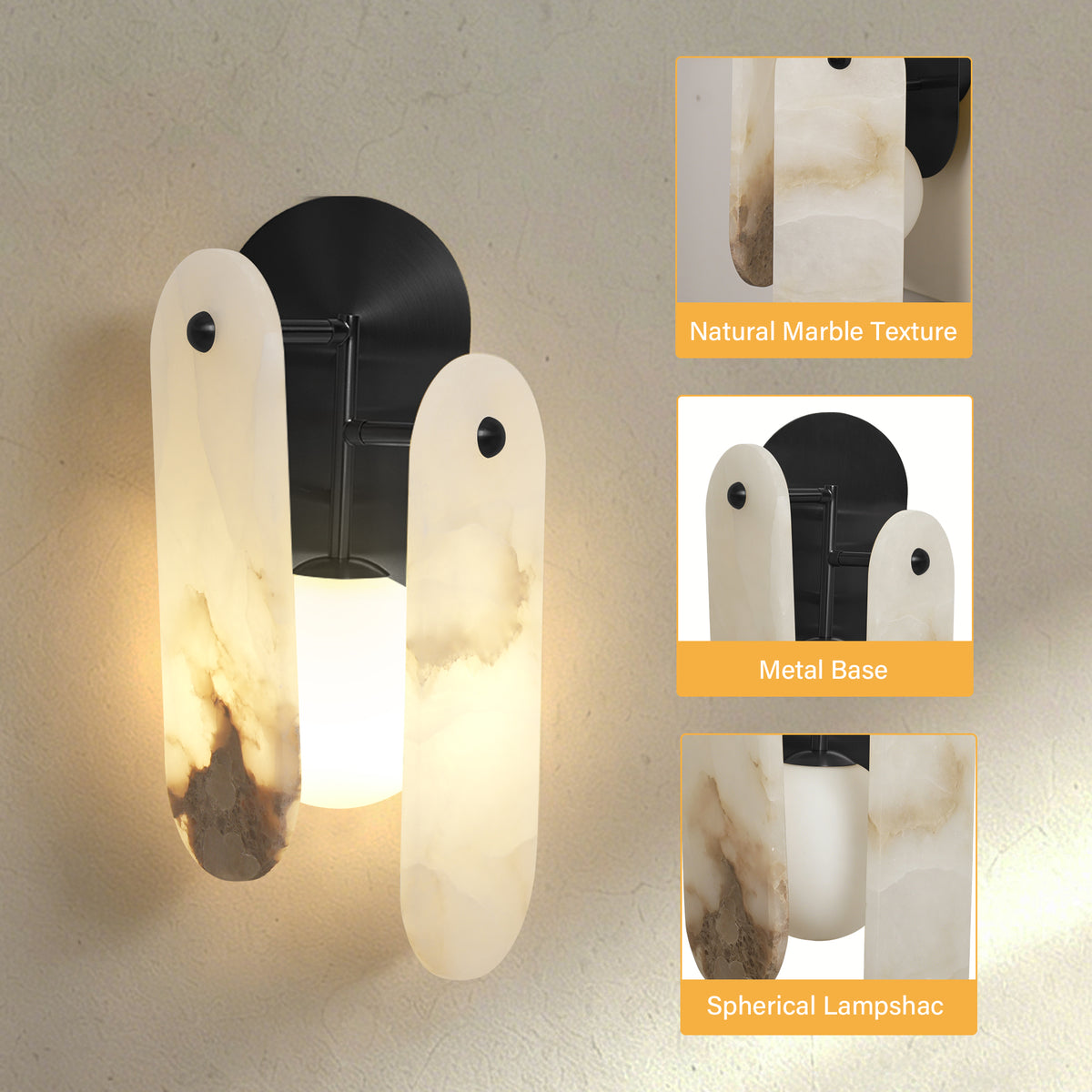 Everly Quinn Modern Natural Alabaster Stone Wall Sconce, Dimmable Mid-Century Accent Vanity Light