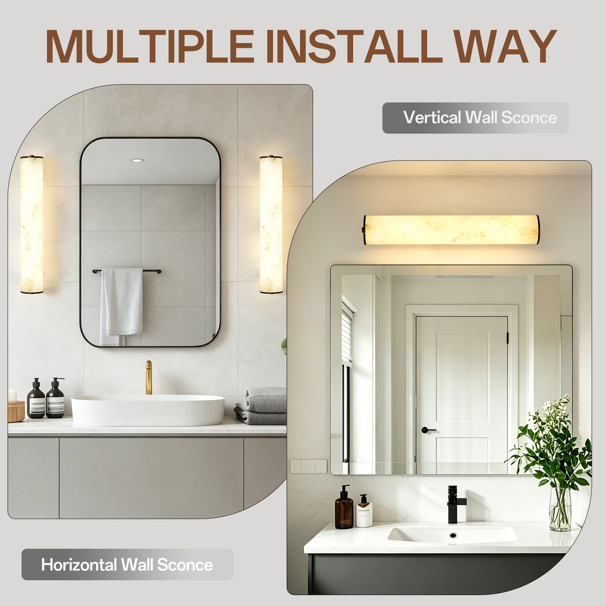 19.7" Modern Cylindrical LED Natural Alabaster Wall Sconce, Dimmable Integrated Light with Brass Metal Backp