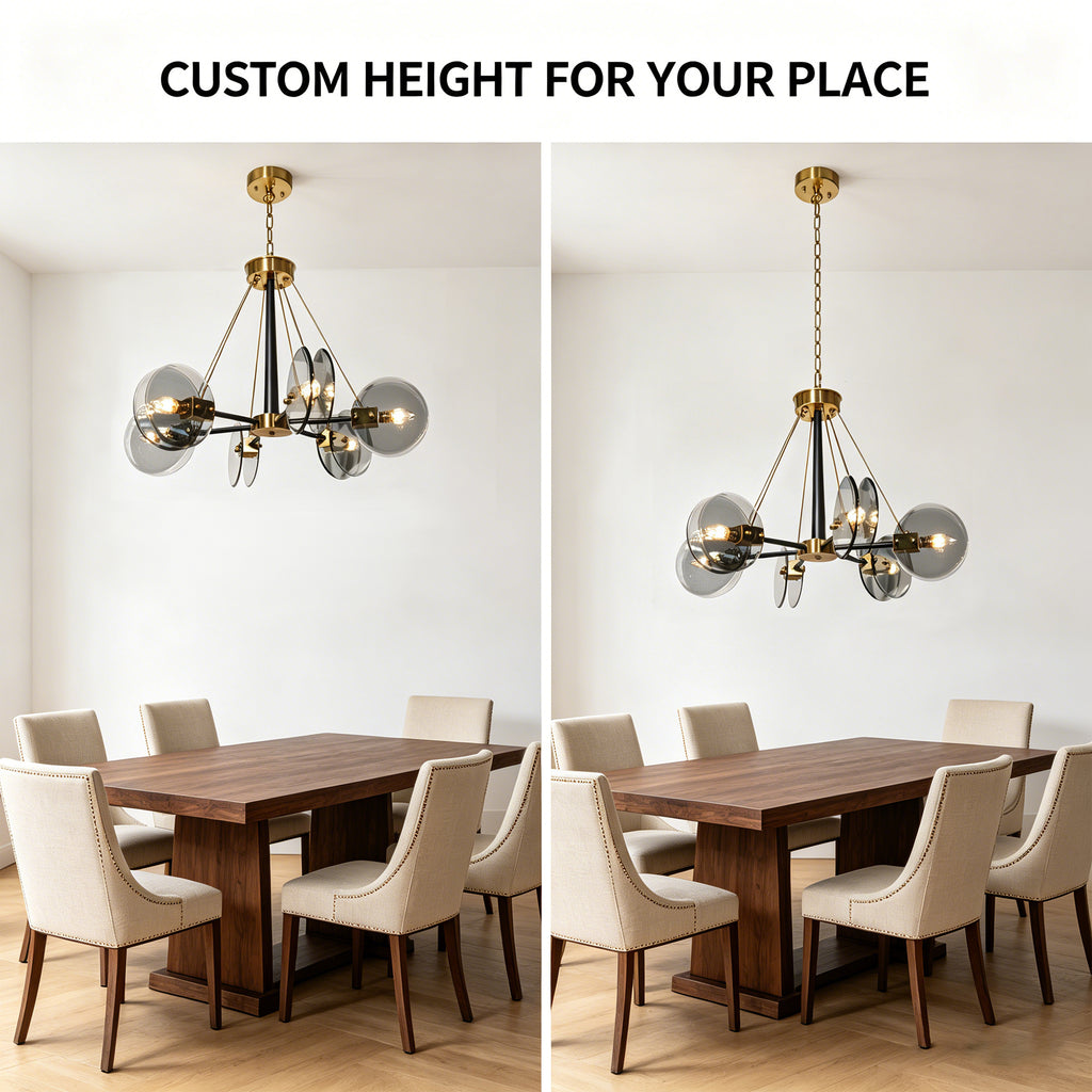 Dehowll Modern 6-Light Smoked Glass Disc Chandelier - Black & Brass Accent