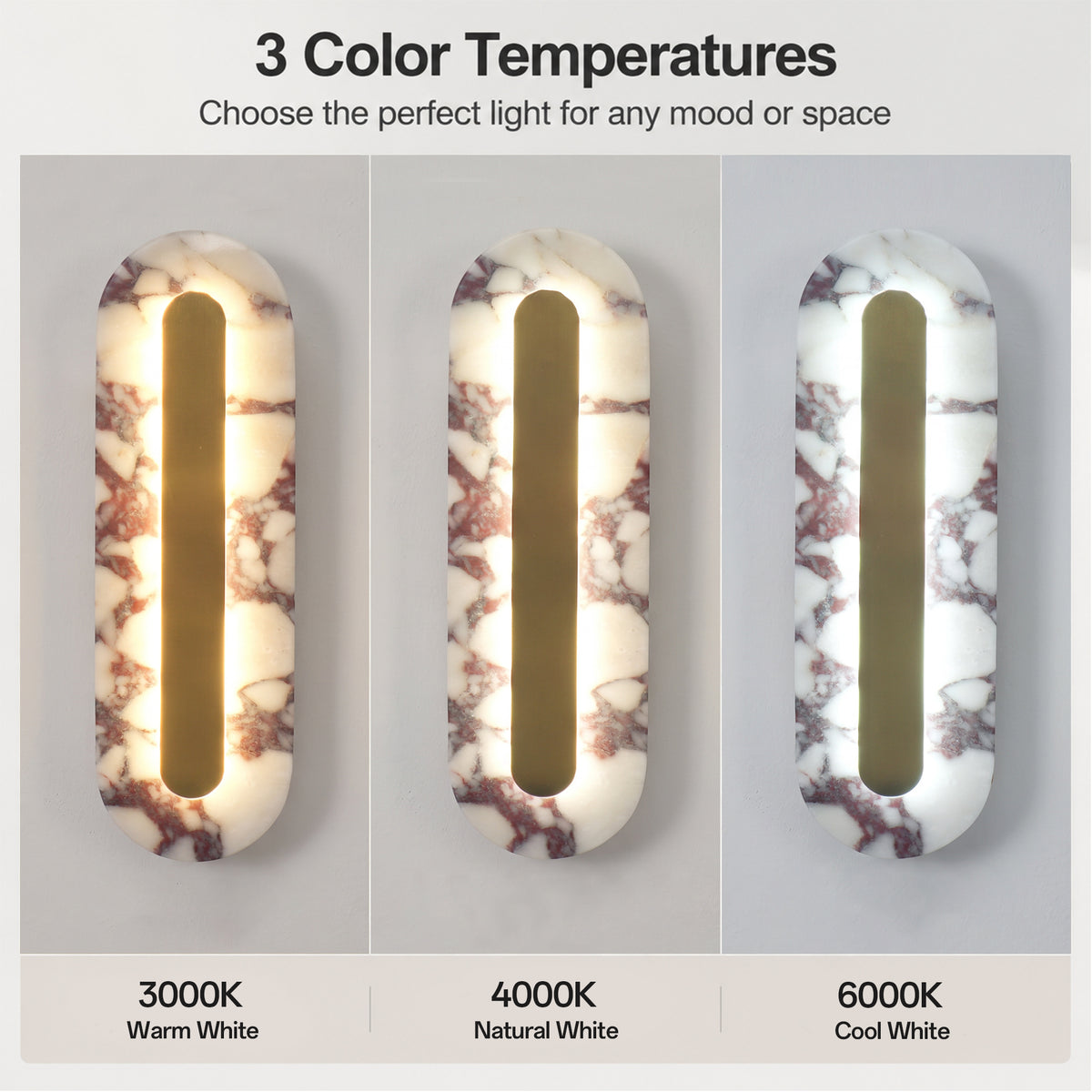 Modern Bulgari Marble Wall Sconce, 3‑Step CCT Selectable LED Light with Brass Metal Accent