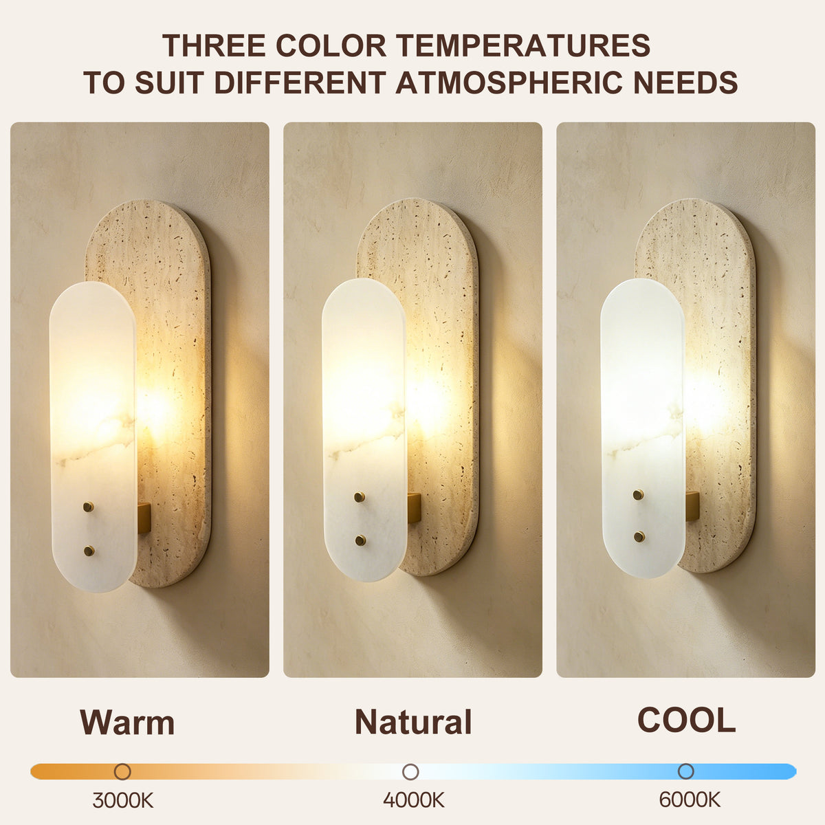Modern 1-Light 14.57in Travertine and Alabaster LED Flush Mount Wall Sconce with Brass Accent