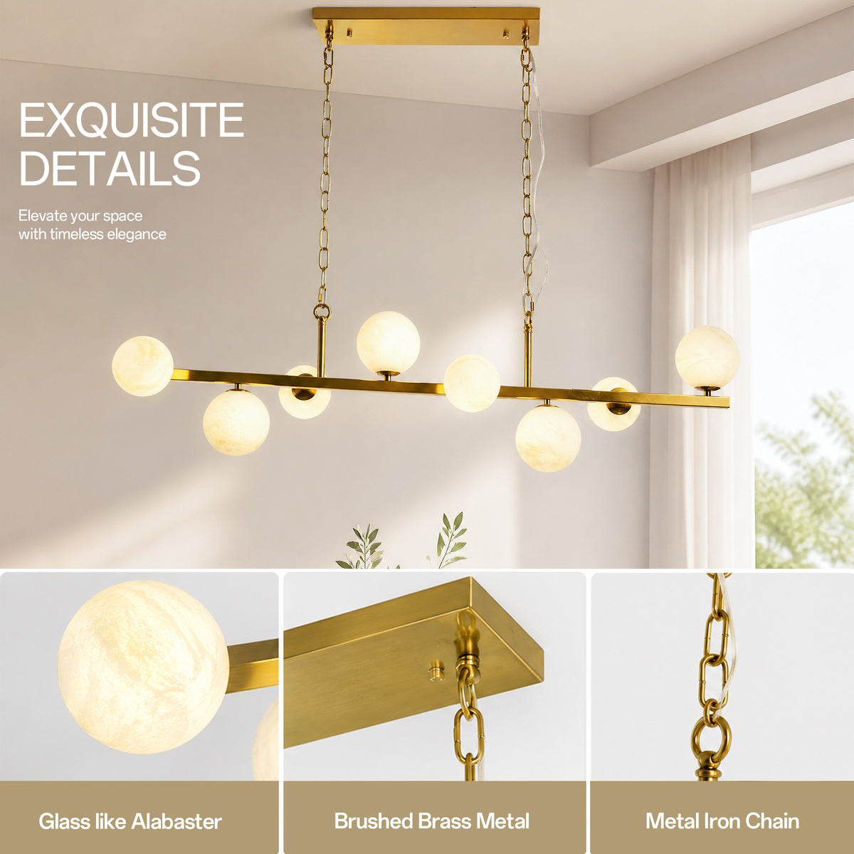 8-Light Brass Modern Linear Chandelier Kitchen Island Pendant Light with Faux Alabaster Glass Shade