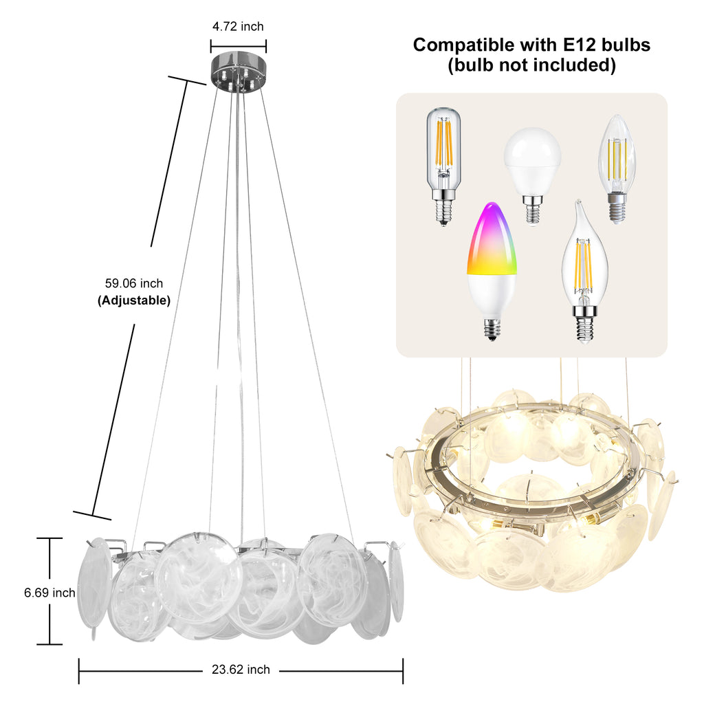 Dehowell 8-Light Cloud Glass Disc Chandelier - Polished Chrome Finish