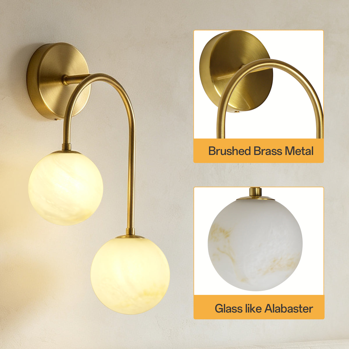 Modern 2-Light Globe Wall Sconce with Faux Alabaster Glass Shades and Brass Finish
