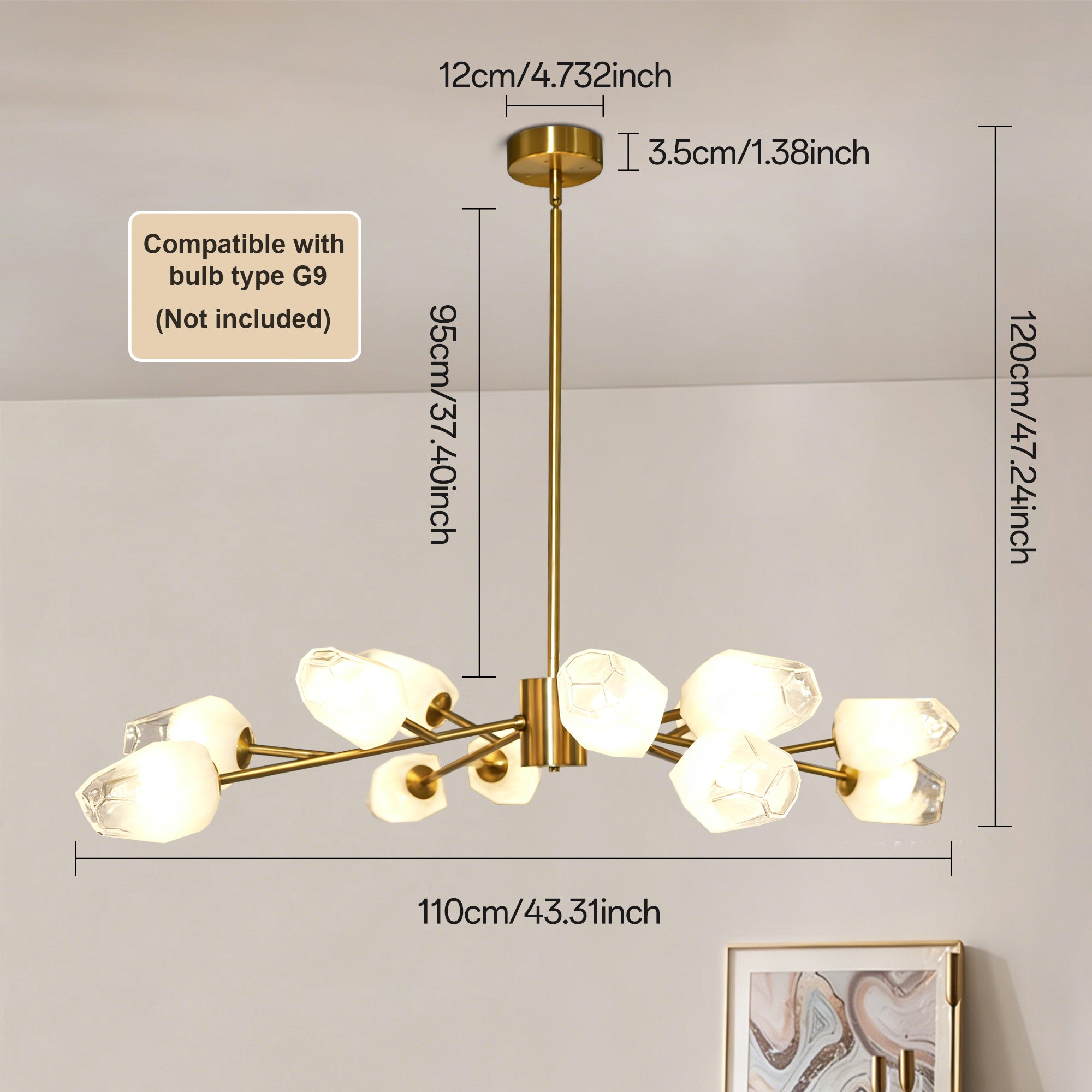 Dehowell 12-Light Modern Brushed Gold Sputnik Chandelier with Glass Awl Shades