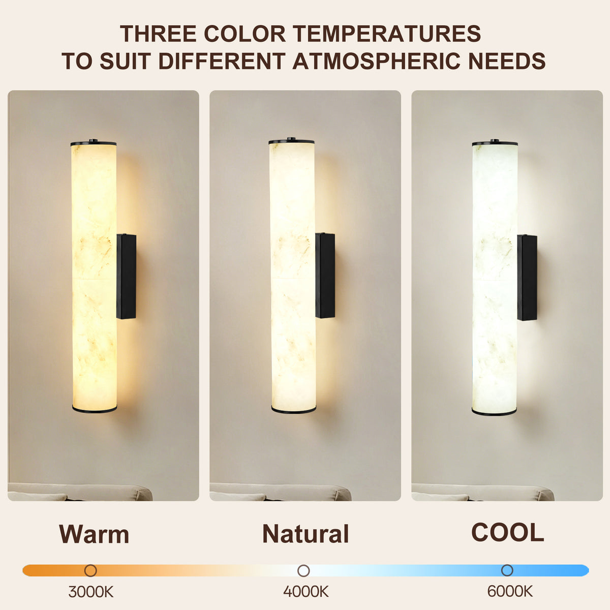 19.7" Modern Cylindrical LED Natural Alabaster Wall Sconce, Dimmable Integrated Light with Brass Metal Backp