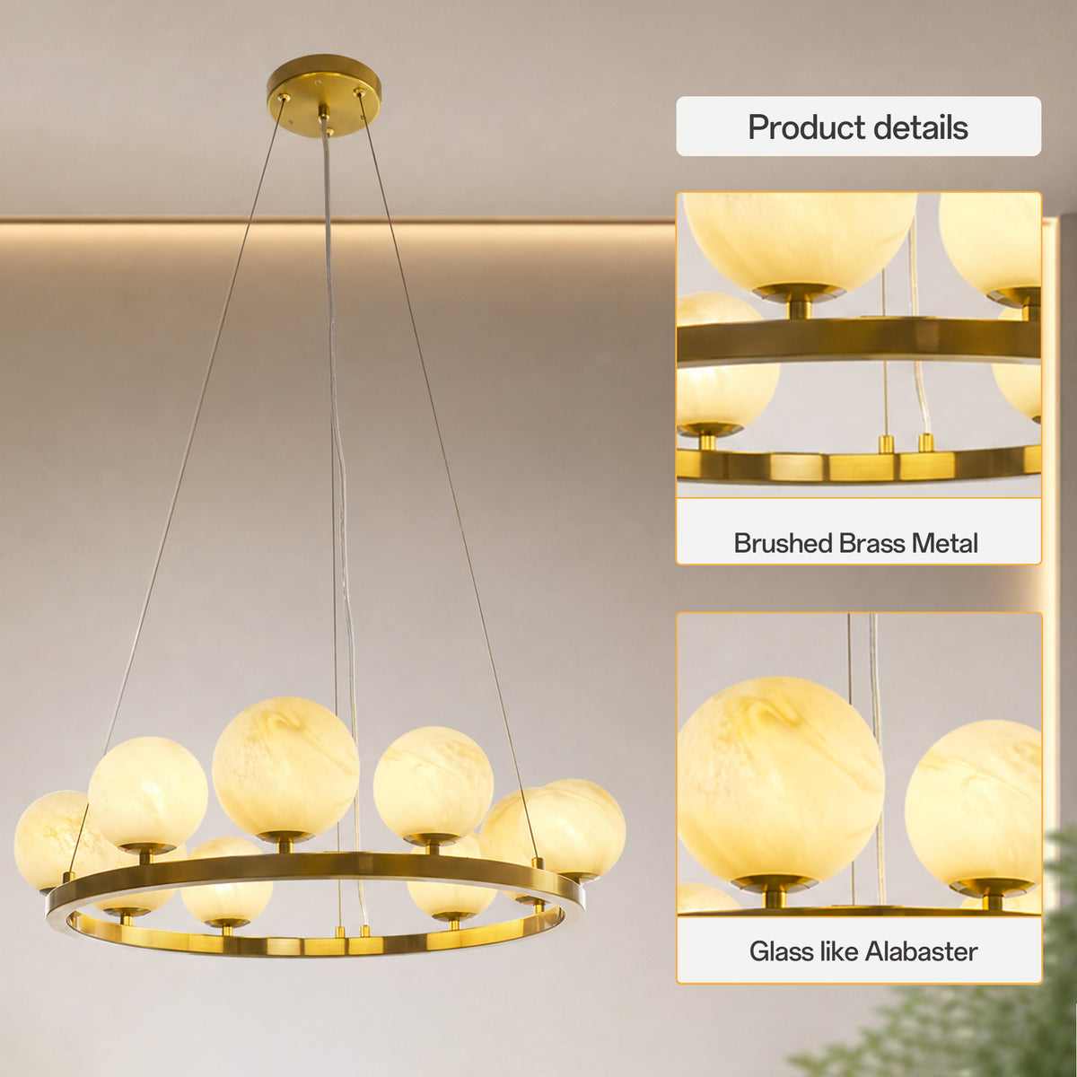 9-Light Brass Modern Globe Chandelier Wagon Wheel Ring Pendant Light with Faux Alabaster Glass Shade