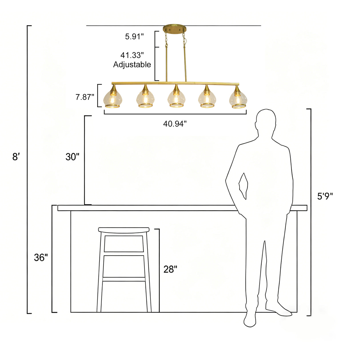 Dehowell 5-Light 40.94'' W Linear Kitchen Island Pendant with Clear Glass Shades