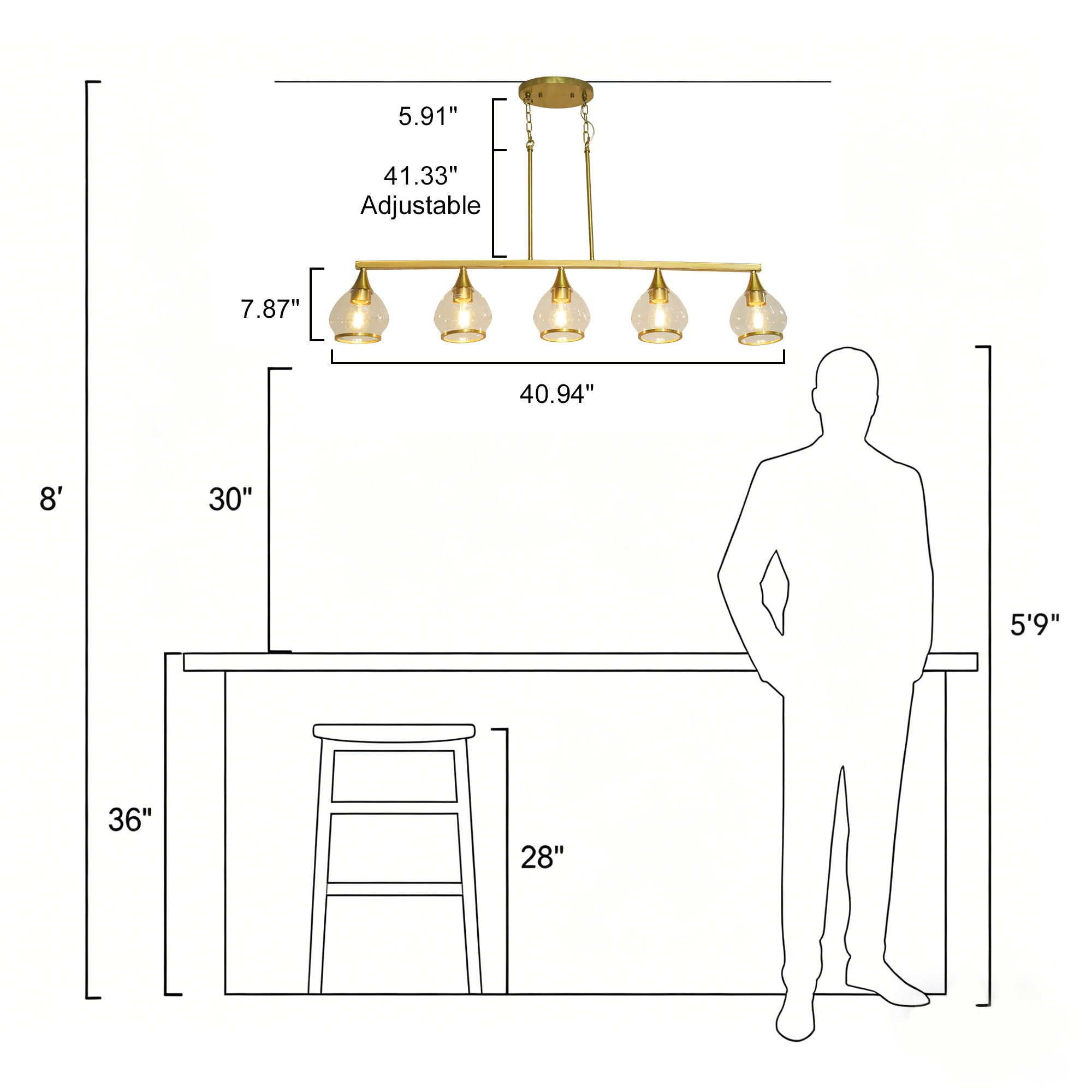 Dehowell 5-Light 40.94'' W Linear Kitchen Island Pendant with Clear Glass Shades