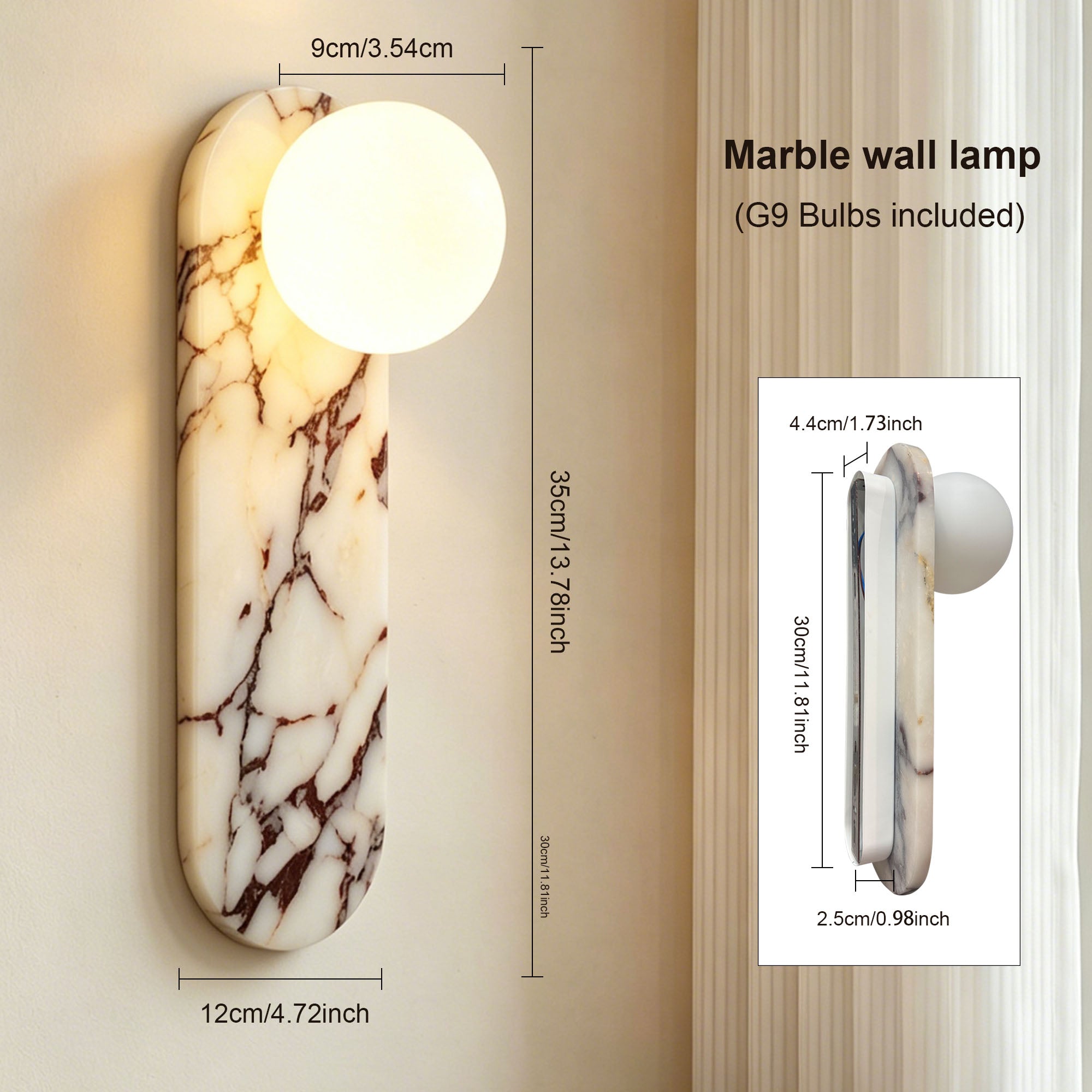 Dehowell 13.78in Bulgari Marble Wall Sconces,modern Nutural Alabaster Wall Light With Glass Globe Shade,g9 Lights Including (Set of 2)