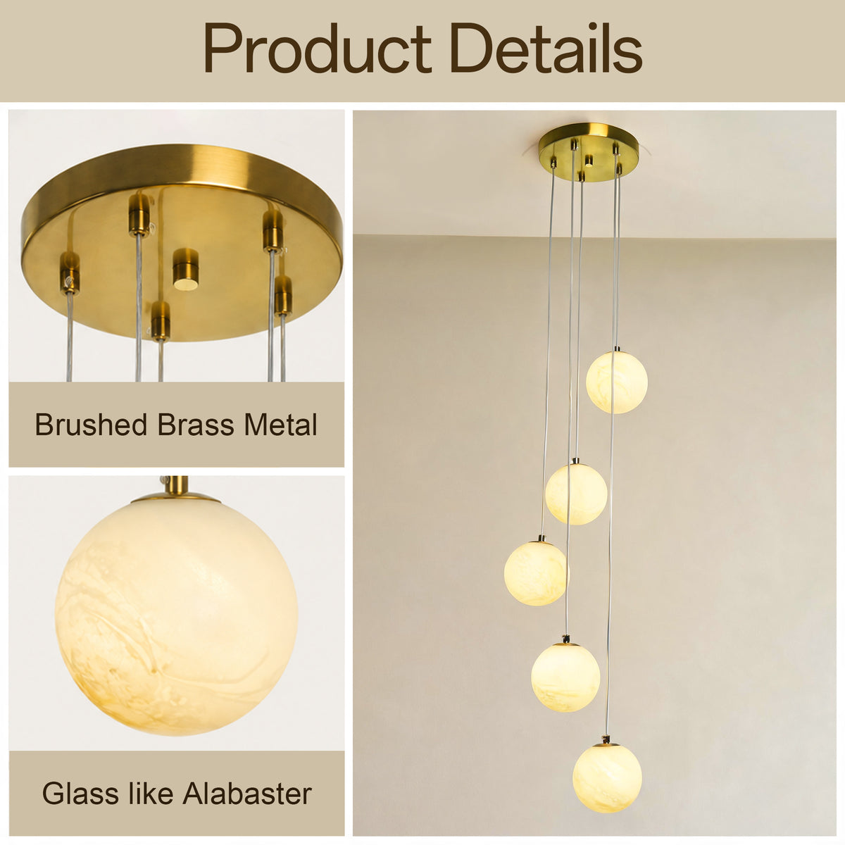 Modern 5-Light Faux Alabaster Glass Globe Cluste Pendant Light with Brass Finish Metal