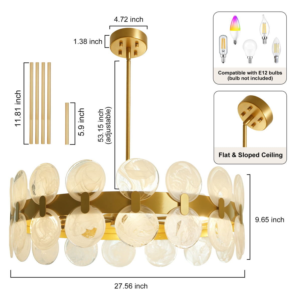 Modern 6 Light 27.56" Gold Chandelier with Handcrafted Cloud Glass Shades