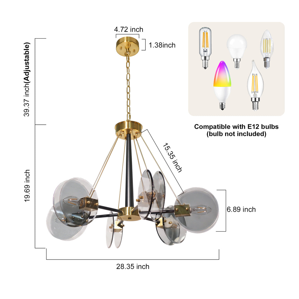 Dehowll Modern 6-Light Smoked Glass Disc Chandelier - Black & Brass Accent