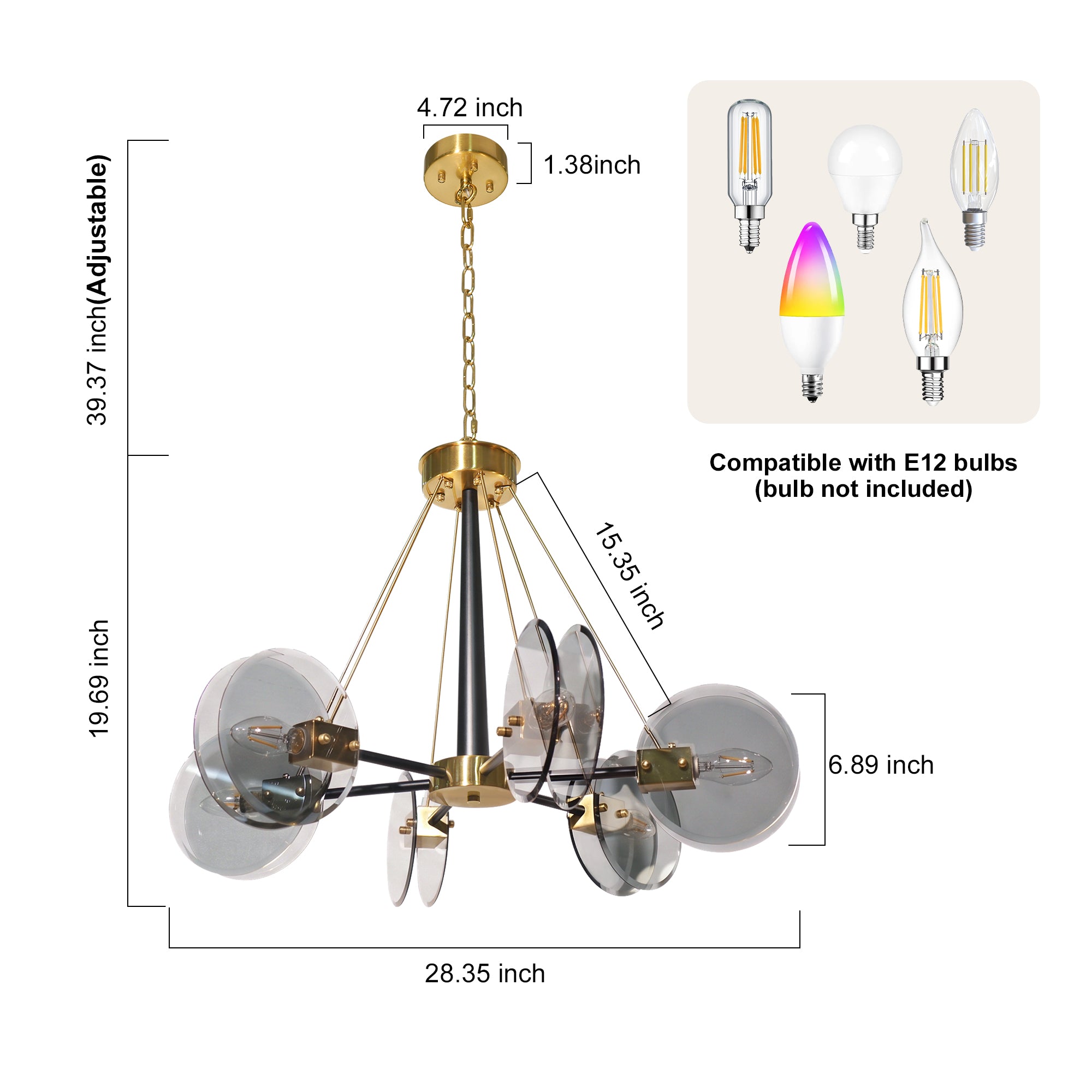 Dehowll Modern 6-Light Smoked Glass Disc Chandelier - Black & Brass Accent