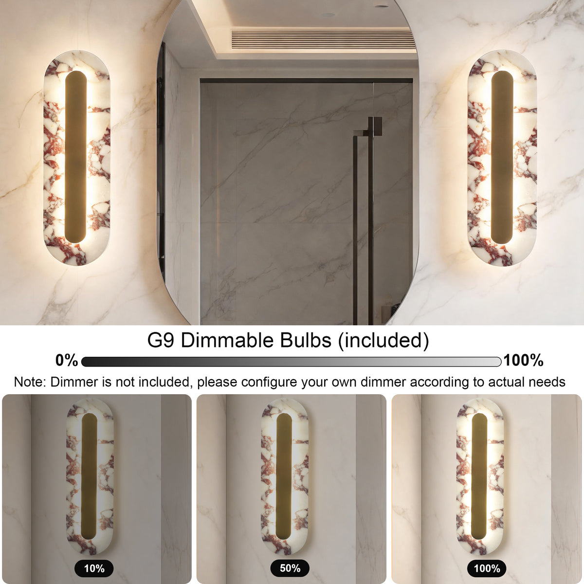 Modern Bulgari Marble Wall Sconce, 3‑Step CCT Selectable LED Light with Brass Metal Accent