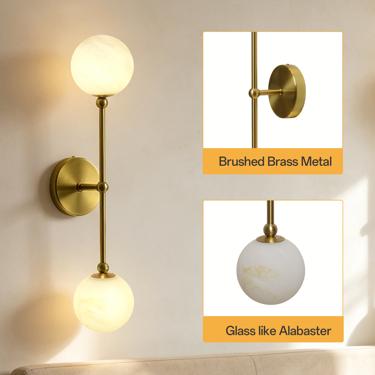 2-Light Globe Wall Sconce with Alabaster-Pattern Glass Shades and Brass Finish