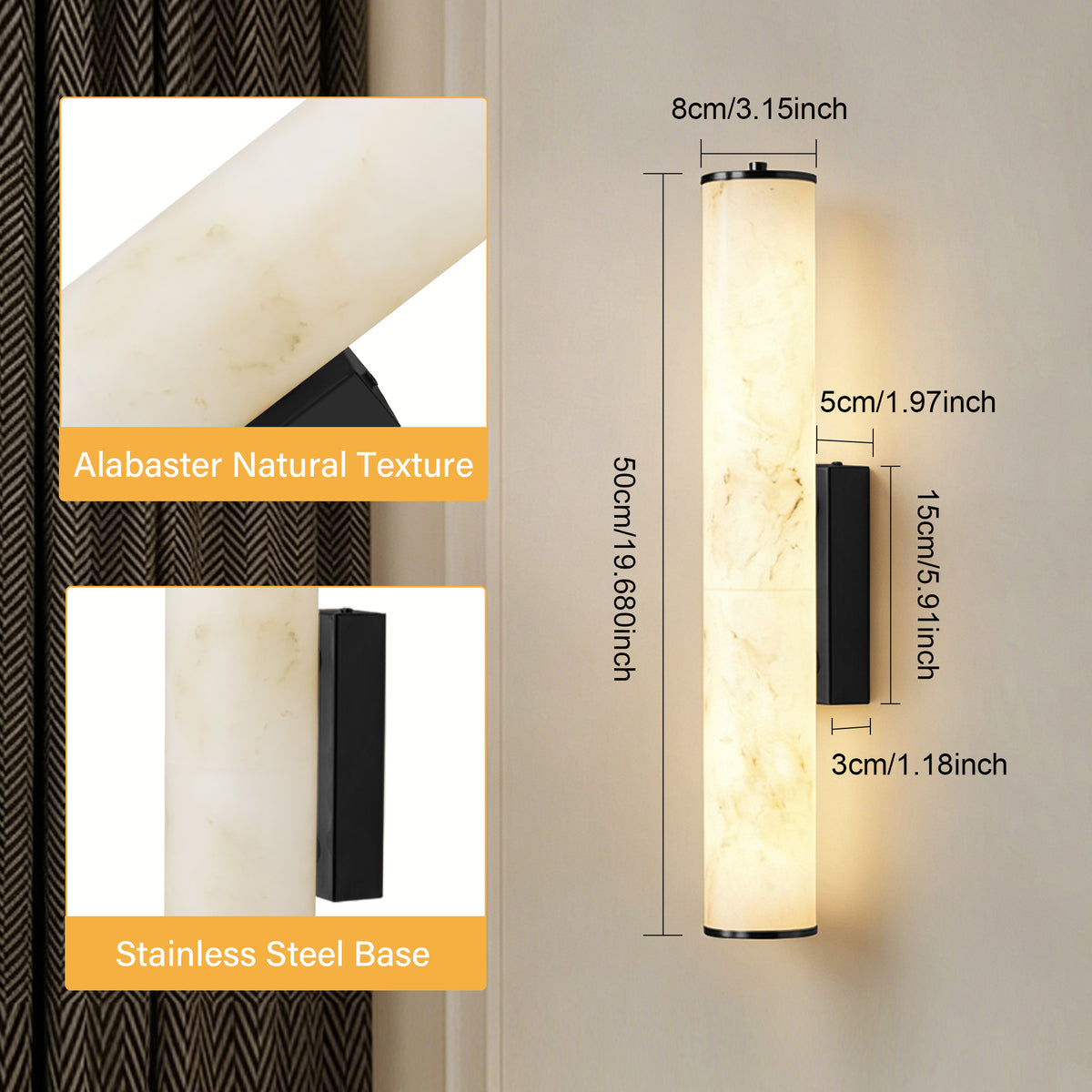19.7" Modern Cylindrical LED Natural Alabaster Wall Sconce, Dimmable Integrated Light with Brass Metal Backp