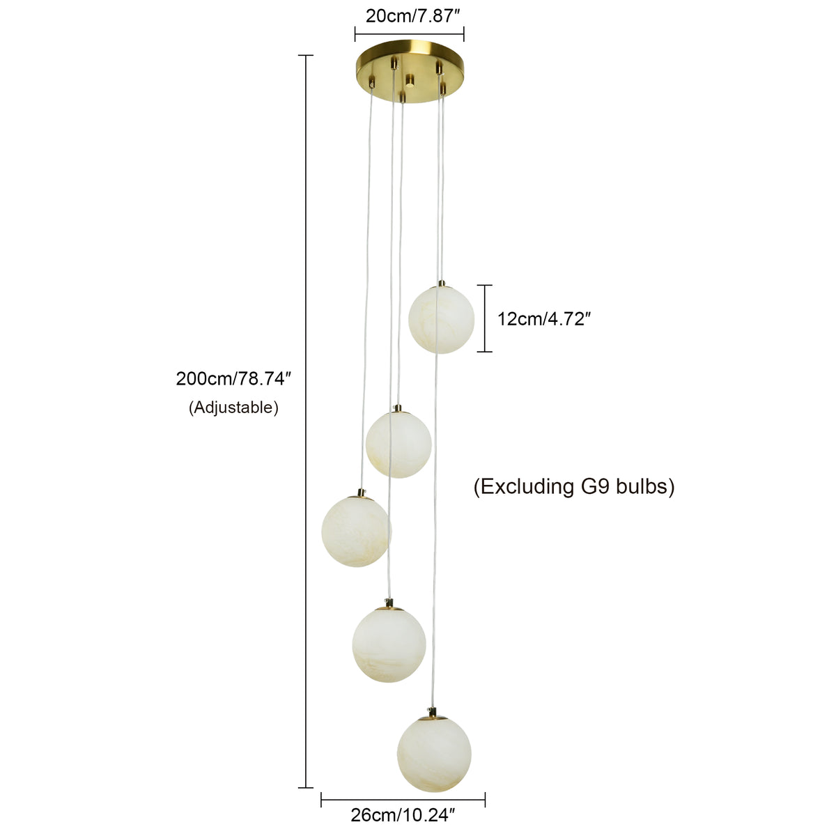 Modern 5-Light Faux Alabaster Glass Globe Cluste Pendant Light with Brass Finish Metal