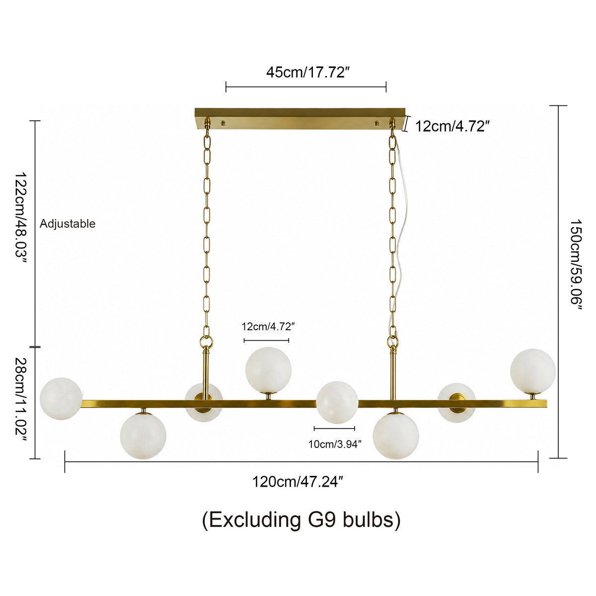 8-Light Brass Modern Linear Chandelier Kitchen Island Pendant Light with Faux Alabaster Glass Shade
