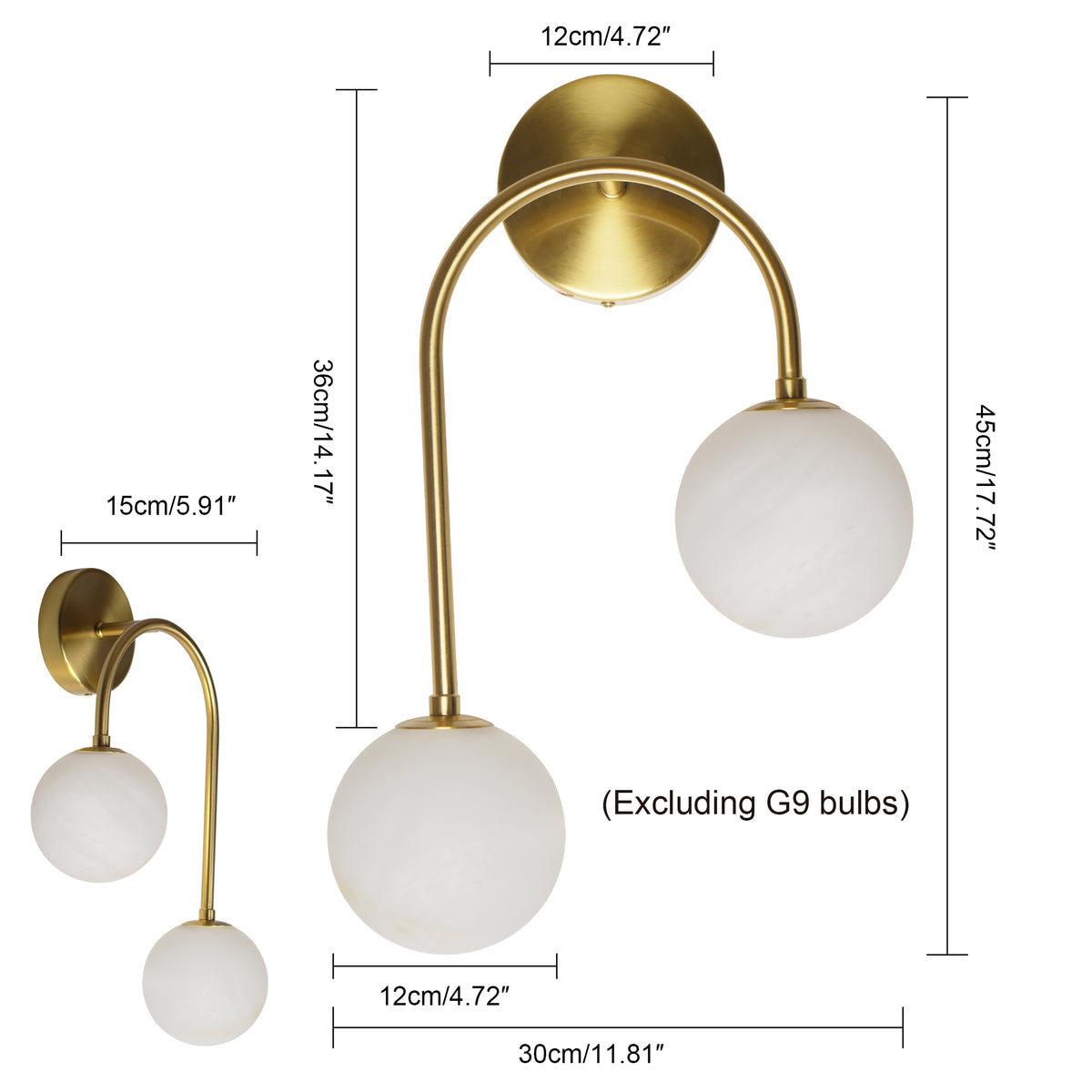 Modern 2-Light Globe Wall Sconce with Faux Alabaster Glass Shades and Brass Finish