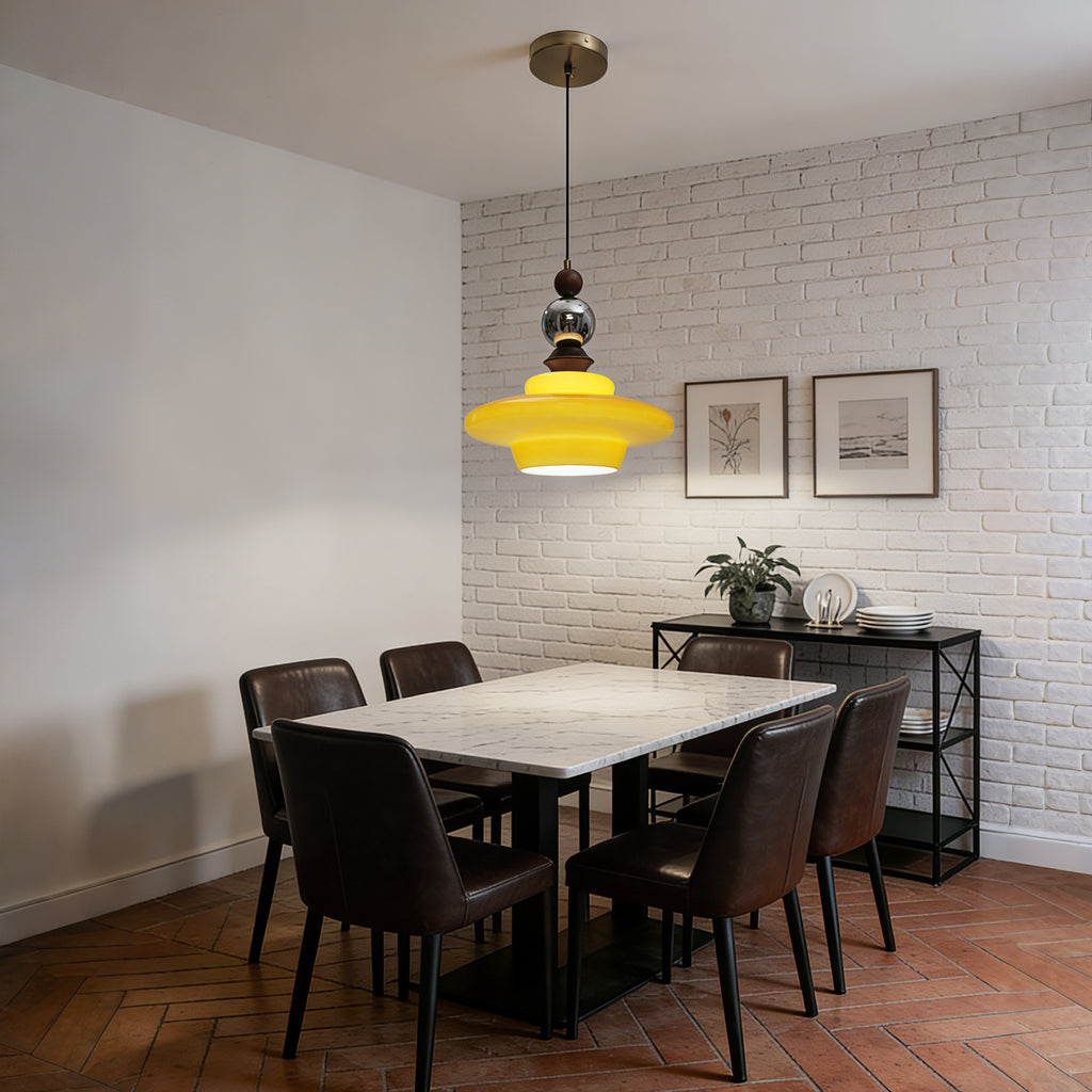 Dehowell Mid Century Glass Pendant Lamp With Wood & Metal Accents For Kitchen Island Living Dining Room