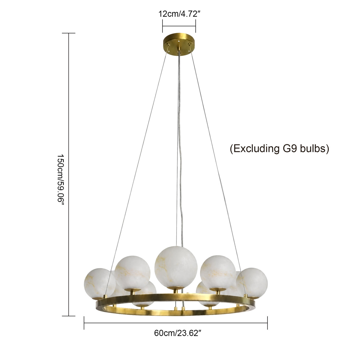 9-Light Brass Modern Globe Chandelier Wagon Wheel Ring Pendant Light with Faux Alabaster Glass Shade