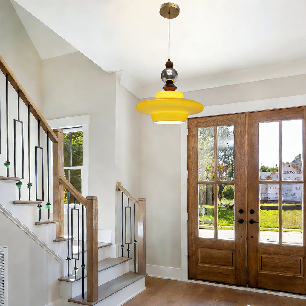 Dehowell Mid Century Glass Pendant Lamp With Wood & Metal Accents For Kitchen Island Living Dining Room