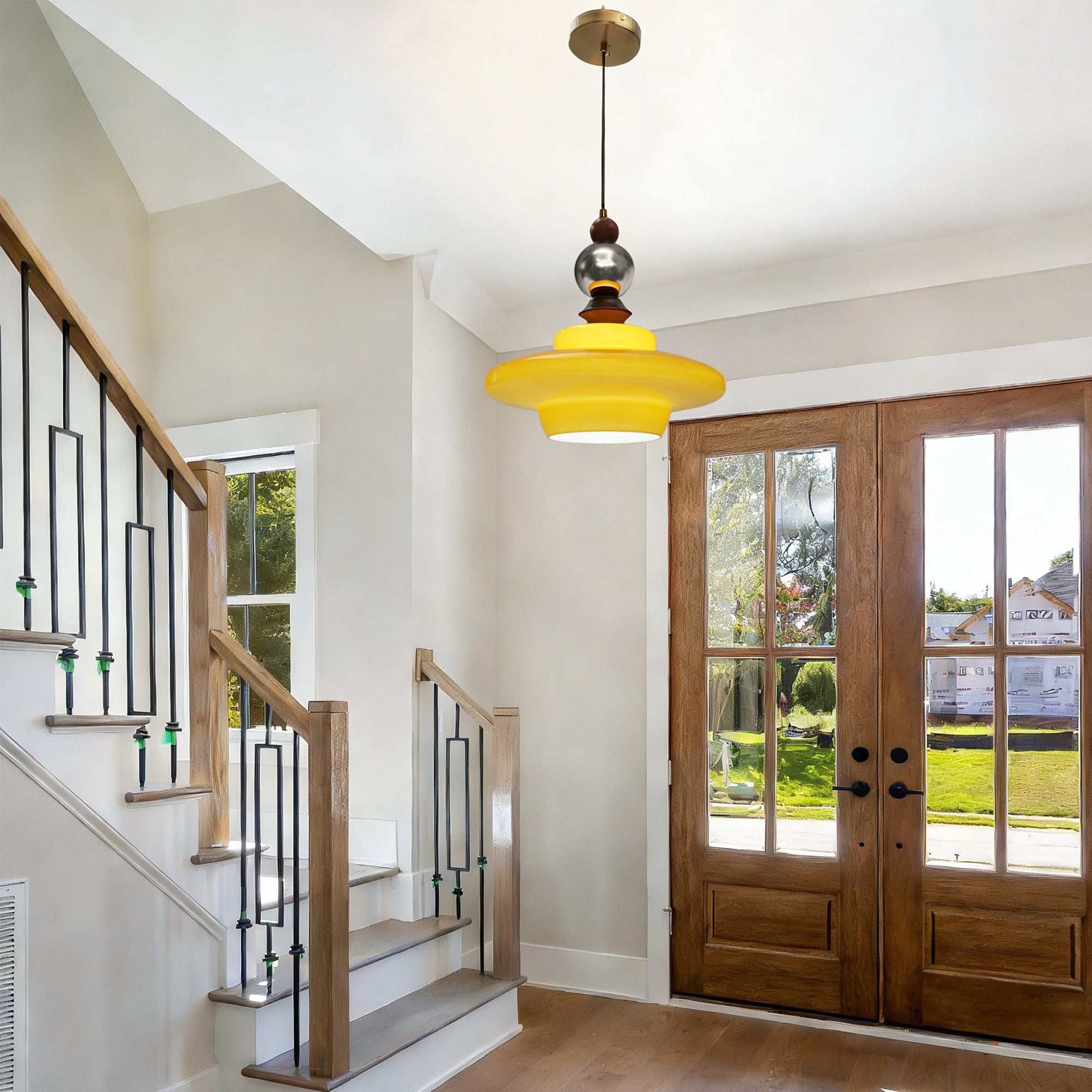 Dehowell Mid Century Glass Pendant Lamp With Wood & Metal Accents For Kitchen Island Living Dining Room