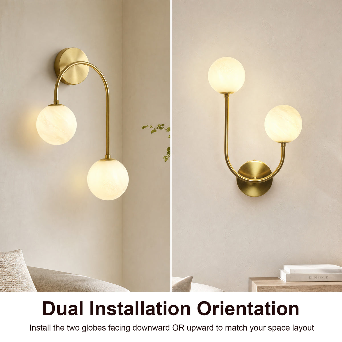 Modern 2-Light Globe Wall Sconce with Faux Alabaster Glass Shades and Brass Finish
