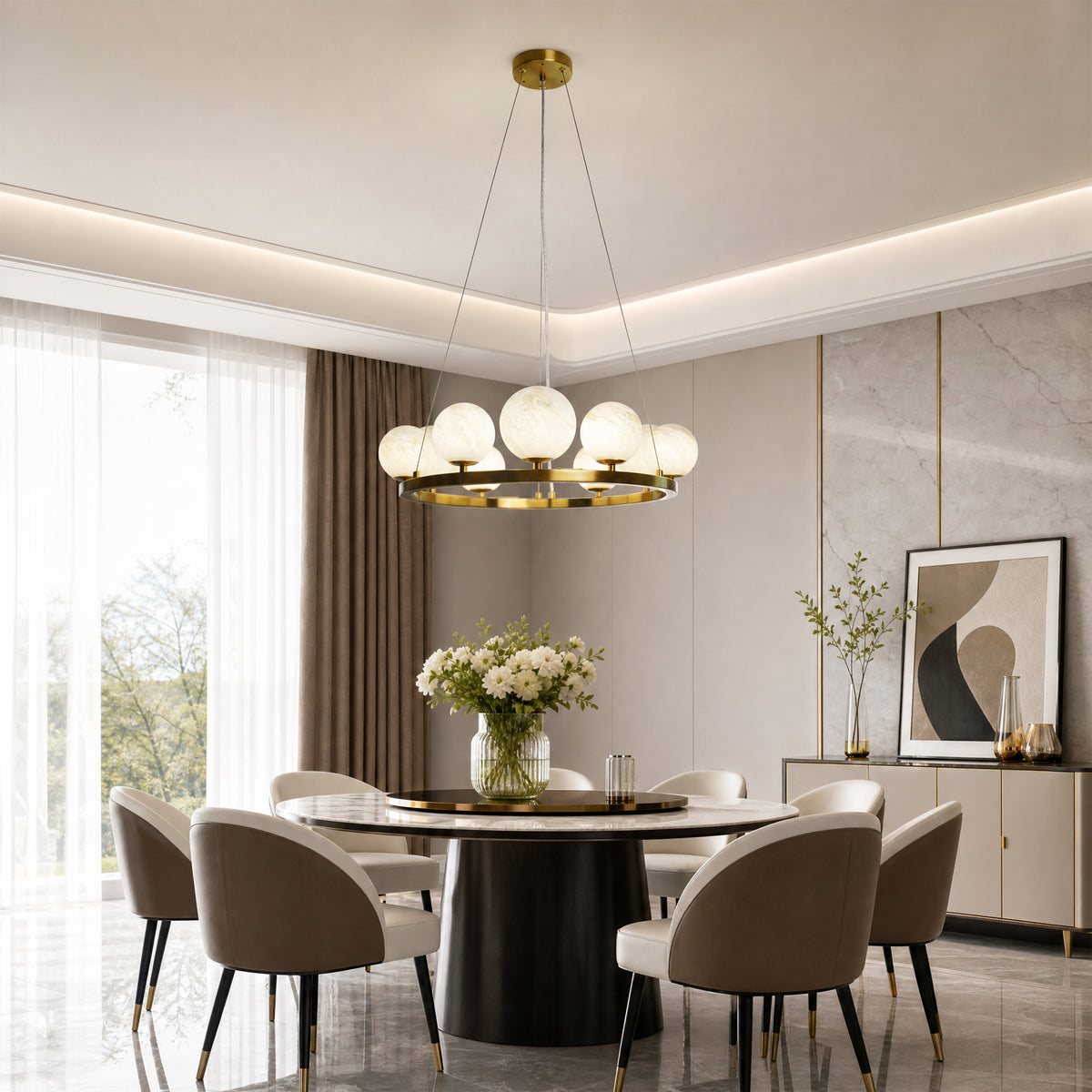 9-Light Brass Modern Globe Chandelier Wagon Wheel Ring Pendant Light with Faux Alabaster Glass Shade