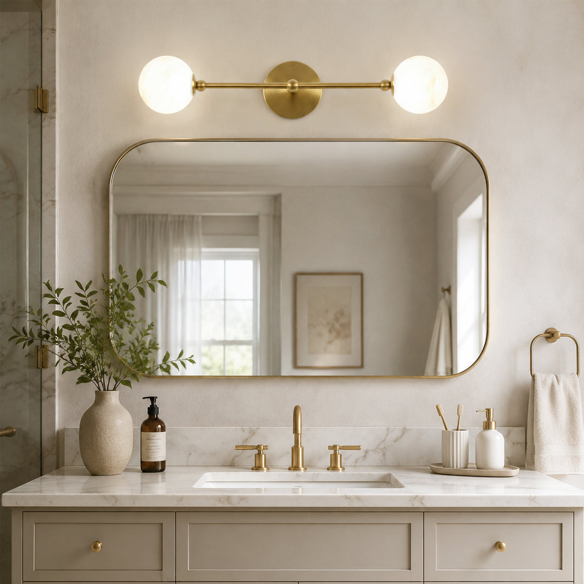 2-Light Globe Wall Sconce with Alabaster-Pattern Glass Shades and Brass Finish