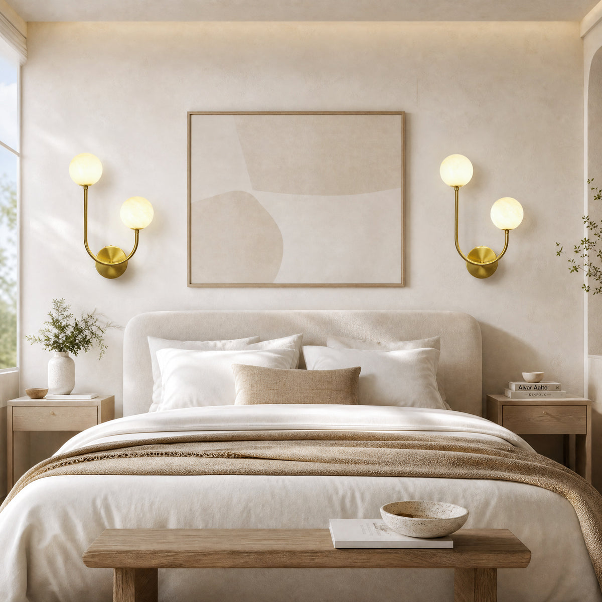 Modern 2-Light Globe Wall Sconce with Faux Alabaster Glass Shades and Brass Finish