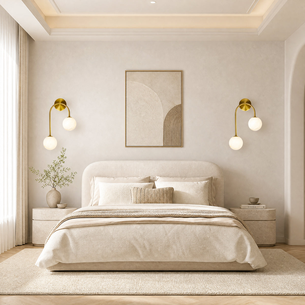 Modern 2-Light Globe Wall Sconce with Faux Alabaster Glass Shades and Brass Finish