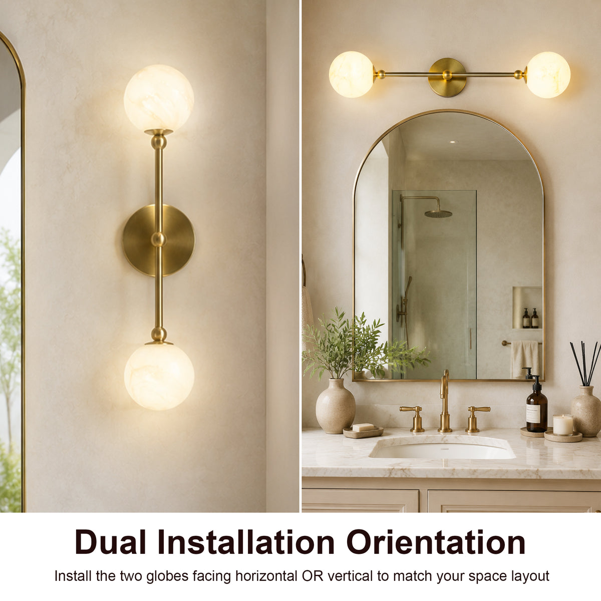 2-Light Globe Wall Sconce with Alabaster-Pattern Glass Shades and Brass Finish