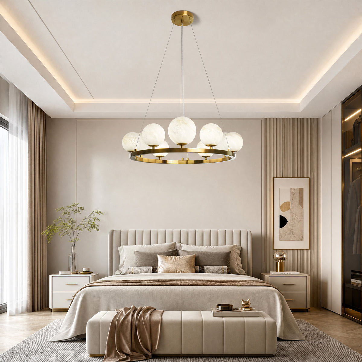 9-Light Brass Modern Globe Chandelier Wagon Wheel Ring Pendant Light with Faux Alabaster Glass Shade