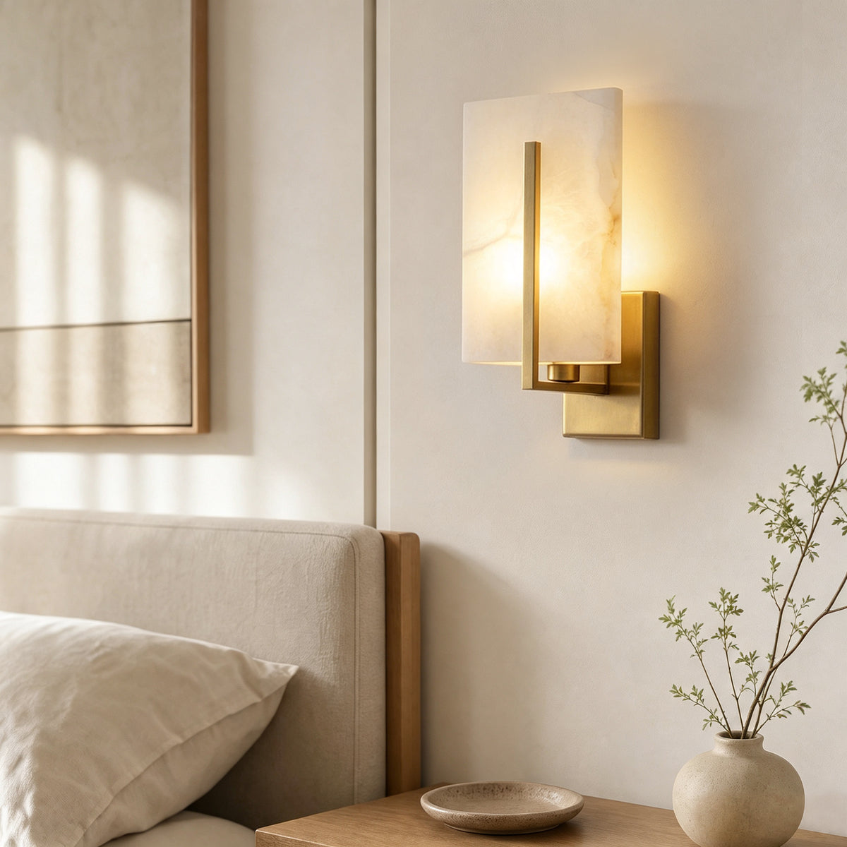 Rectangle Spanish Alabaster Wall Sconce Light 3-Color Selectable Brass LED Wall Mount Lamp