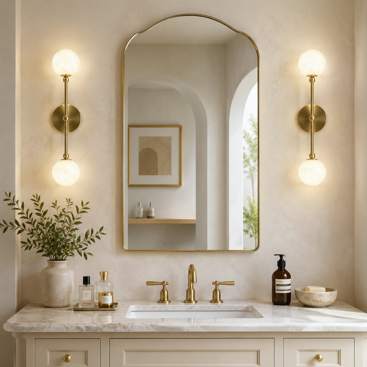 2-Light Globe Wall Sconce with Alabaster-Pattern Glass Shades and Brass Finish