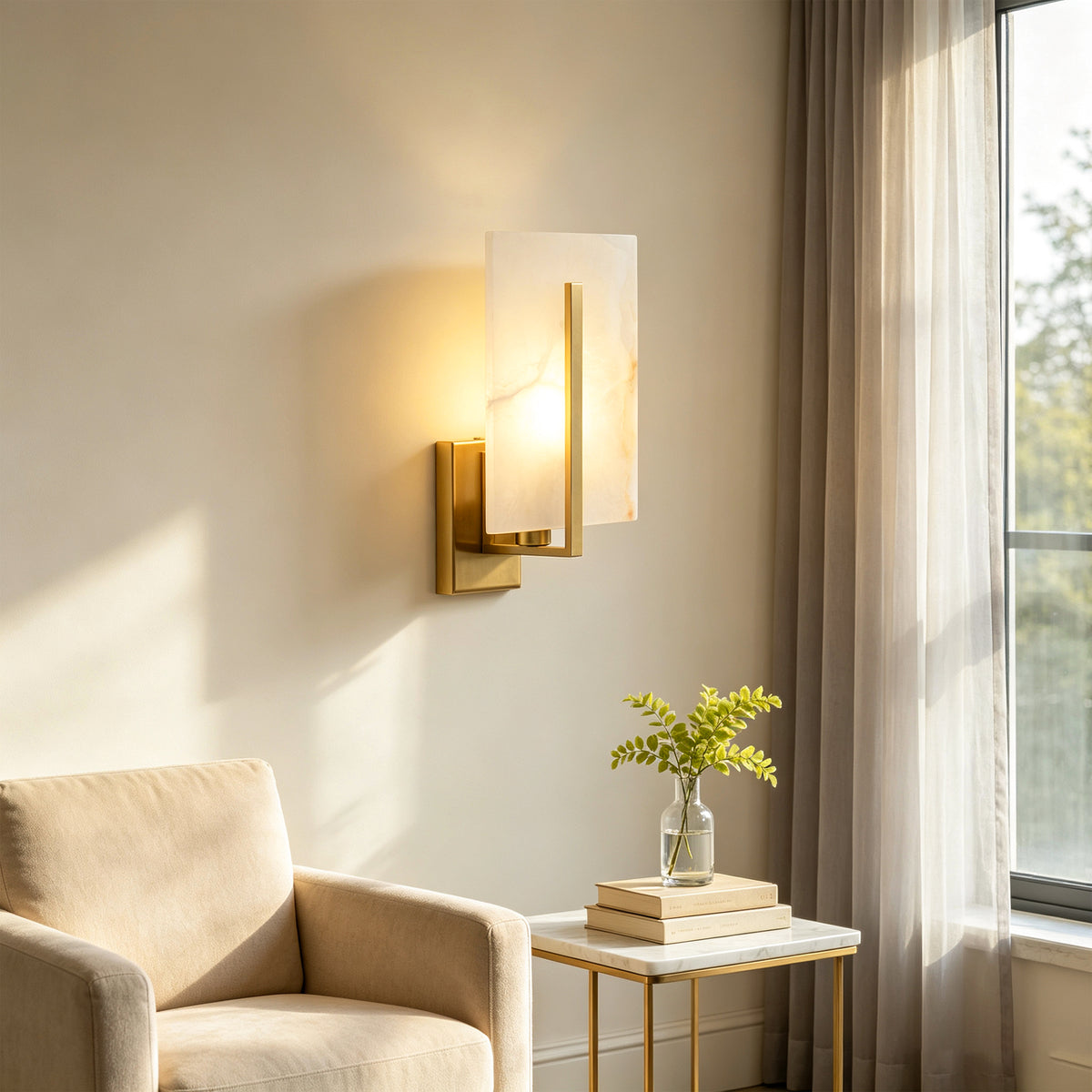Rectangle Spanish Alabaster Wall Sconce Light 3-Color Selectable Brass LED Wall Mount Lamp
