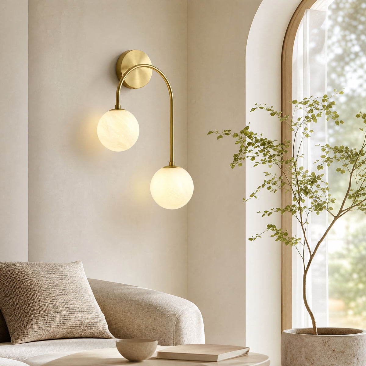 Modern 2-Light Globe Wall Sconce with Faux Alabaster Glass Shades and Brass Finish