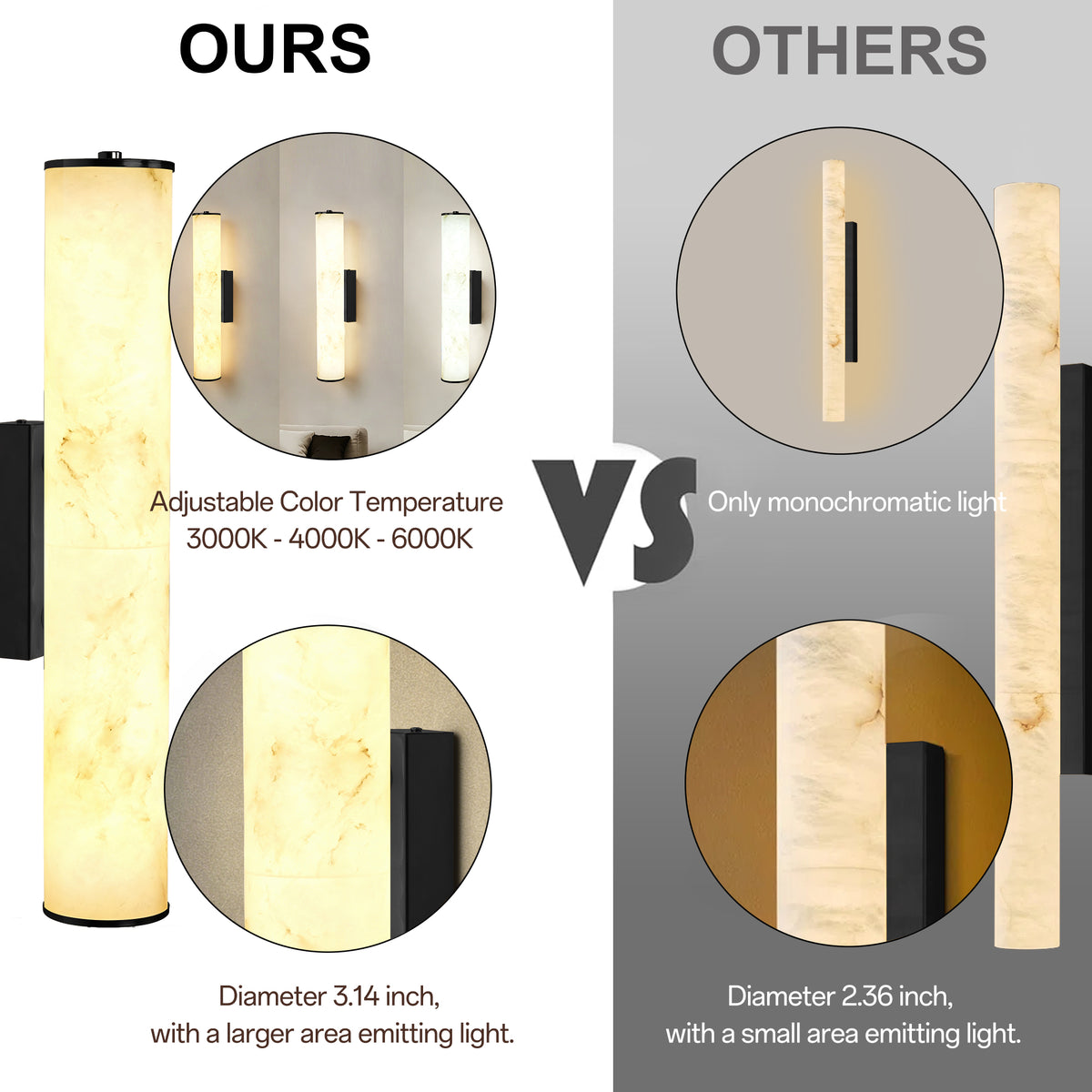 19.7" Modern Cylindrical LED Natural Alabaster Wall Sconce, Dimmable Integrated Light with Brass Metal Backp