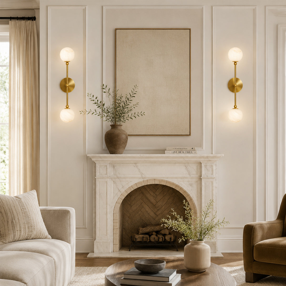2-Light Globe Wall Sconce with Alabaster-Pattern Glass Shades and Brass Finish