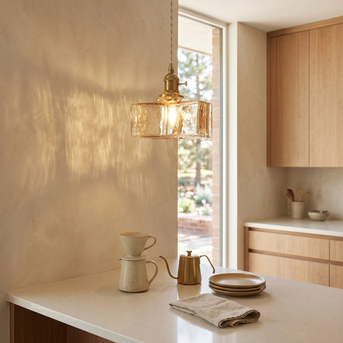 Modern Textured Square Glass Pendant With Brass Fixture for Kitchen Island Lighting