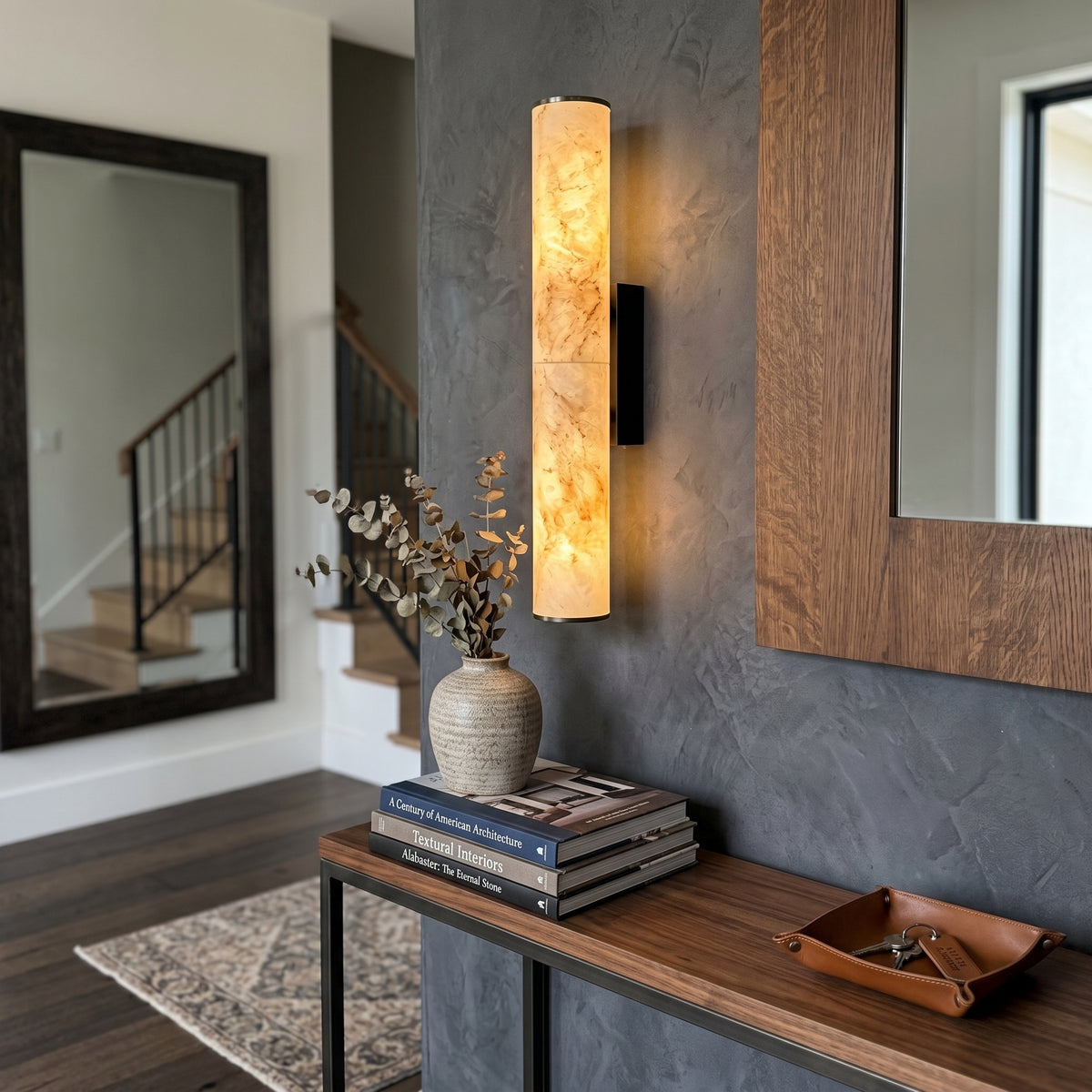 19.7" Modern Cylindrical LED Natural Alabaster Wall Sconce, Dimmable Integrated Light with Brass Metal Backp