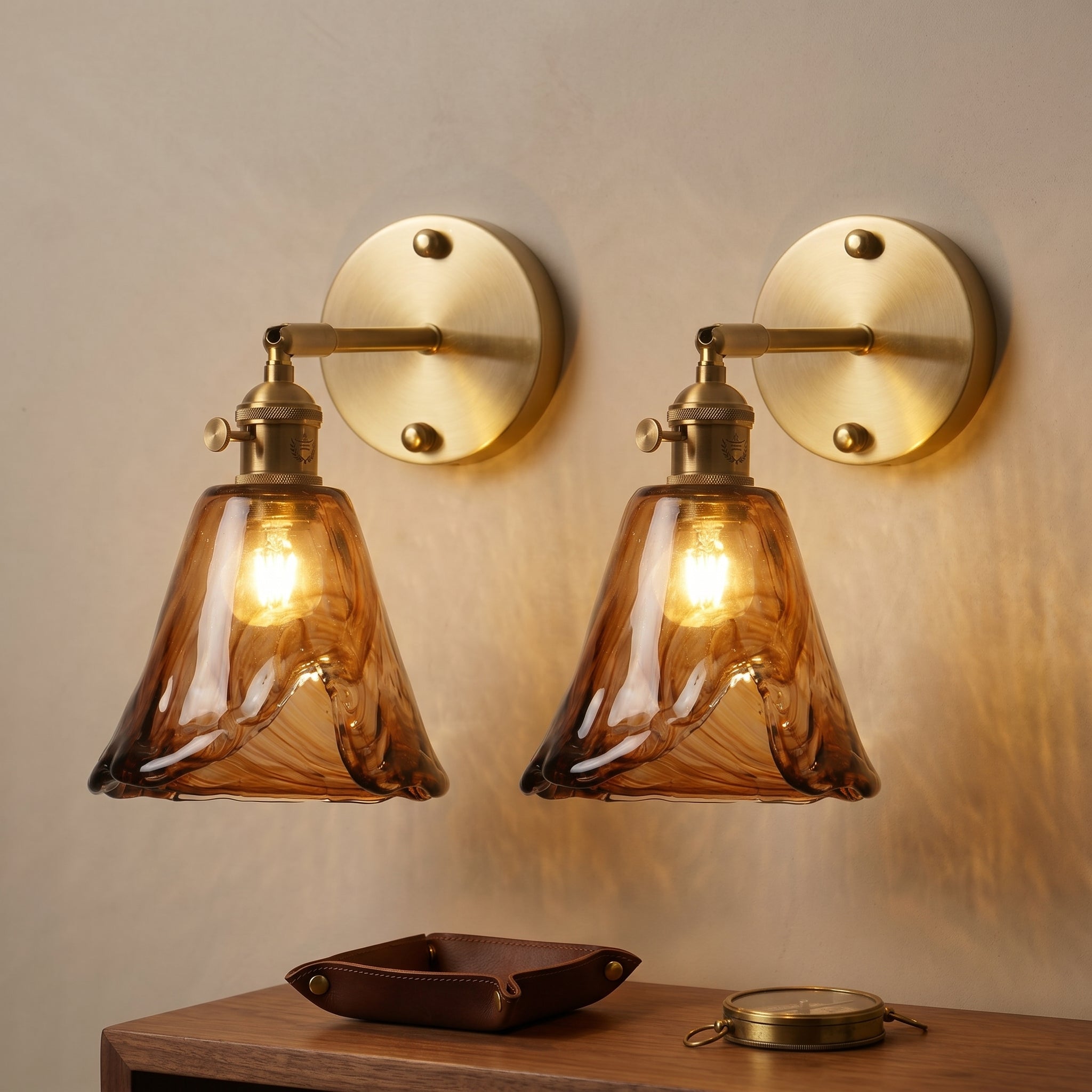 Dehowell 2 lights Adjustable Metal Armed Wall Sconce with Amber Glass Lampeshade