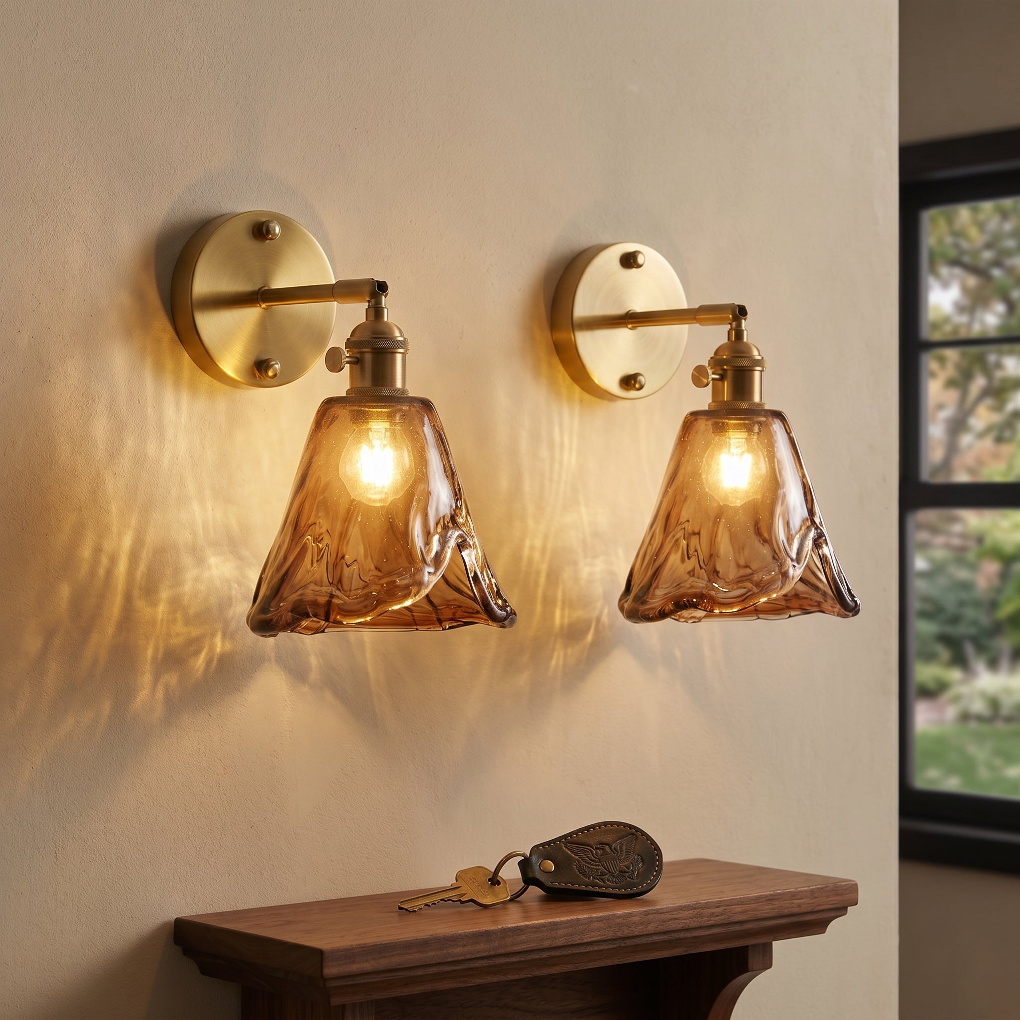 Dehowell 2 lights Adjustable Metal Armed Wall Sconce with Amber Glass Lampeshade