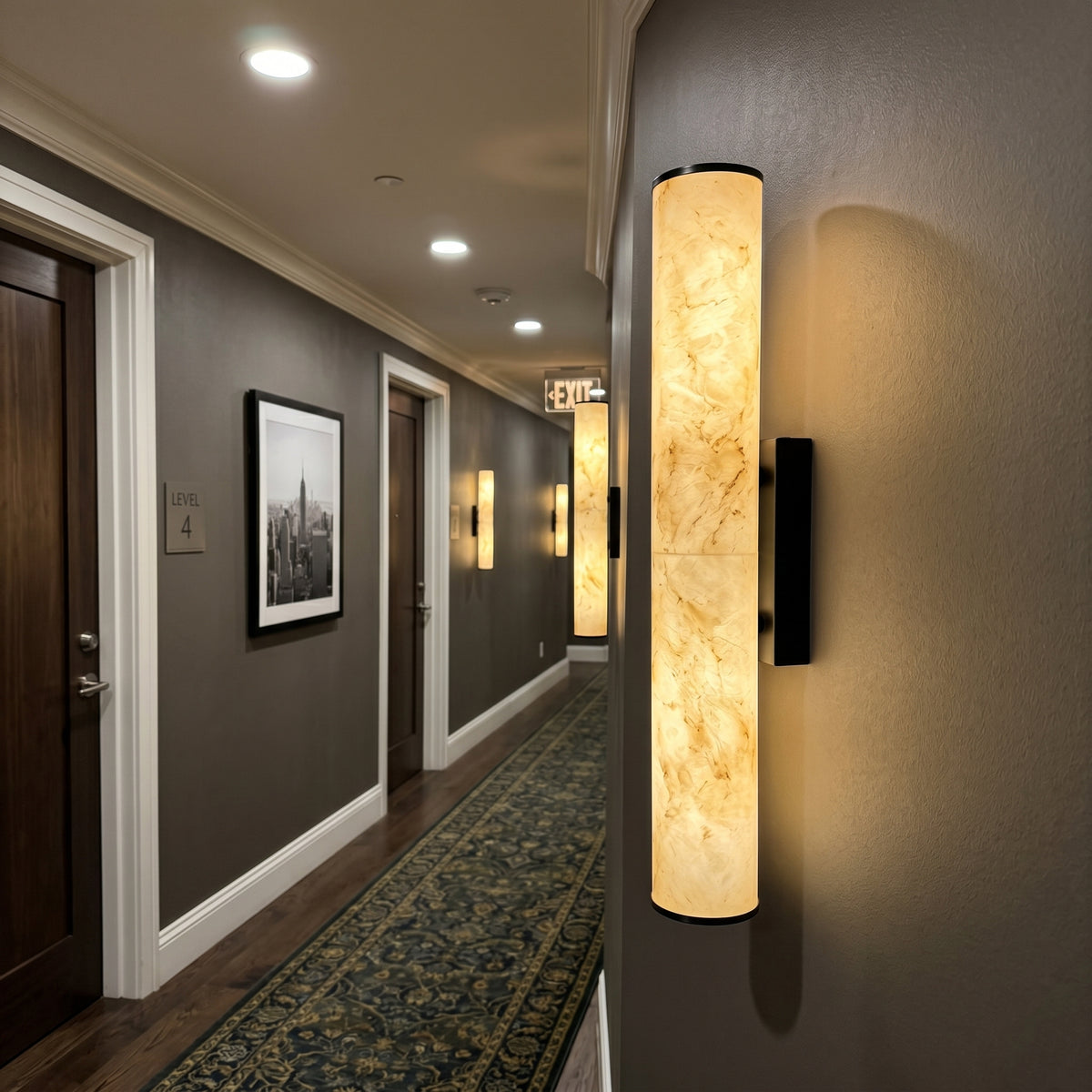 19.7" Modern Cylindrical LED Natural Alabaster Wall Sconce, Dimmable Integrated Light with Brass Metal Backp