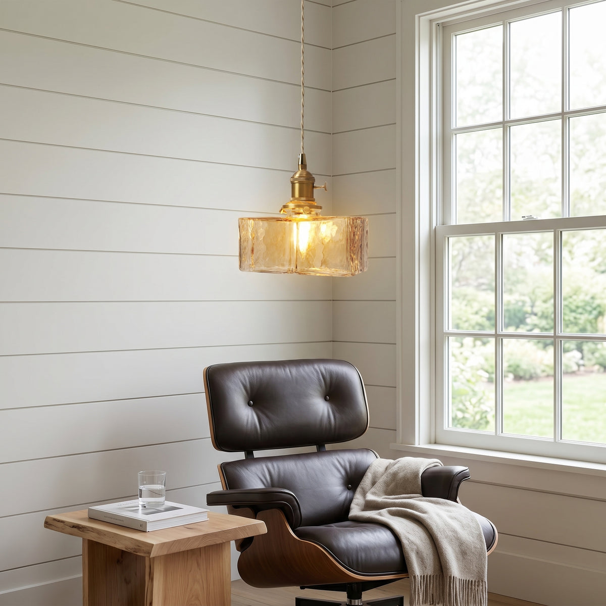 Modern Textured Square Glass Pendant With Brass Fixture for Kitchen Island Lighting