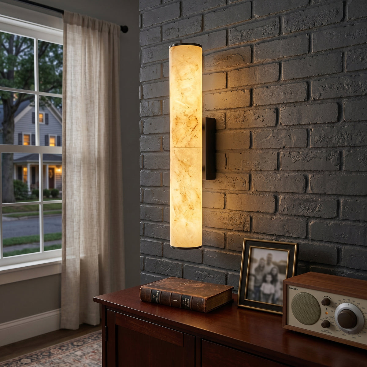 19.7" Modern Cylindrical LED Natural Alabaster Wall Sconce, Dimmable Integrated Light with Brass Metal Backp