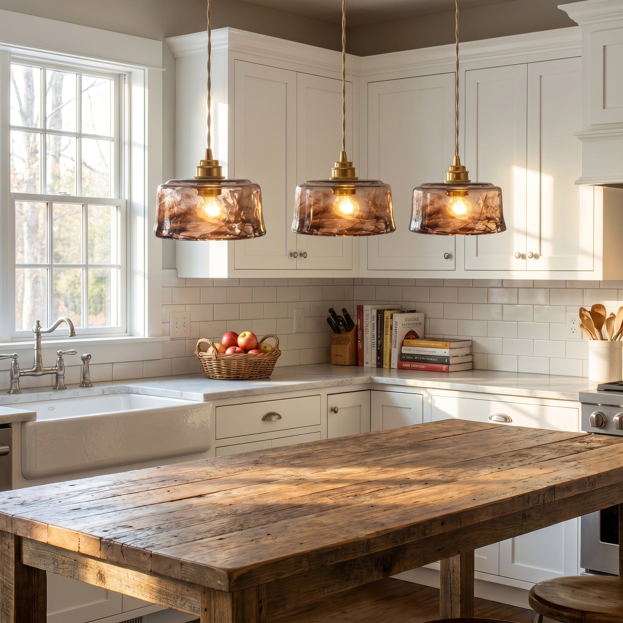 Dehowell 3-Light Island Pendant With Amber Glass Shade (Set of 3)